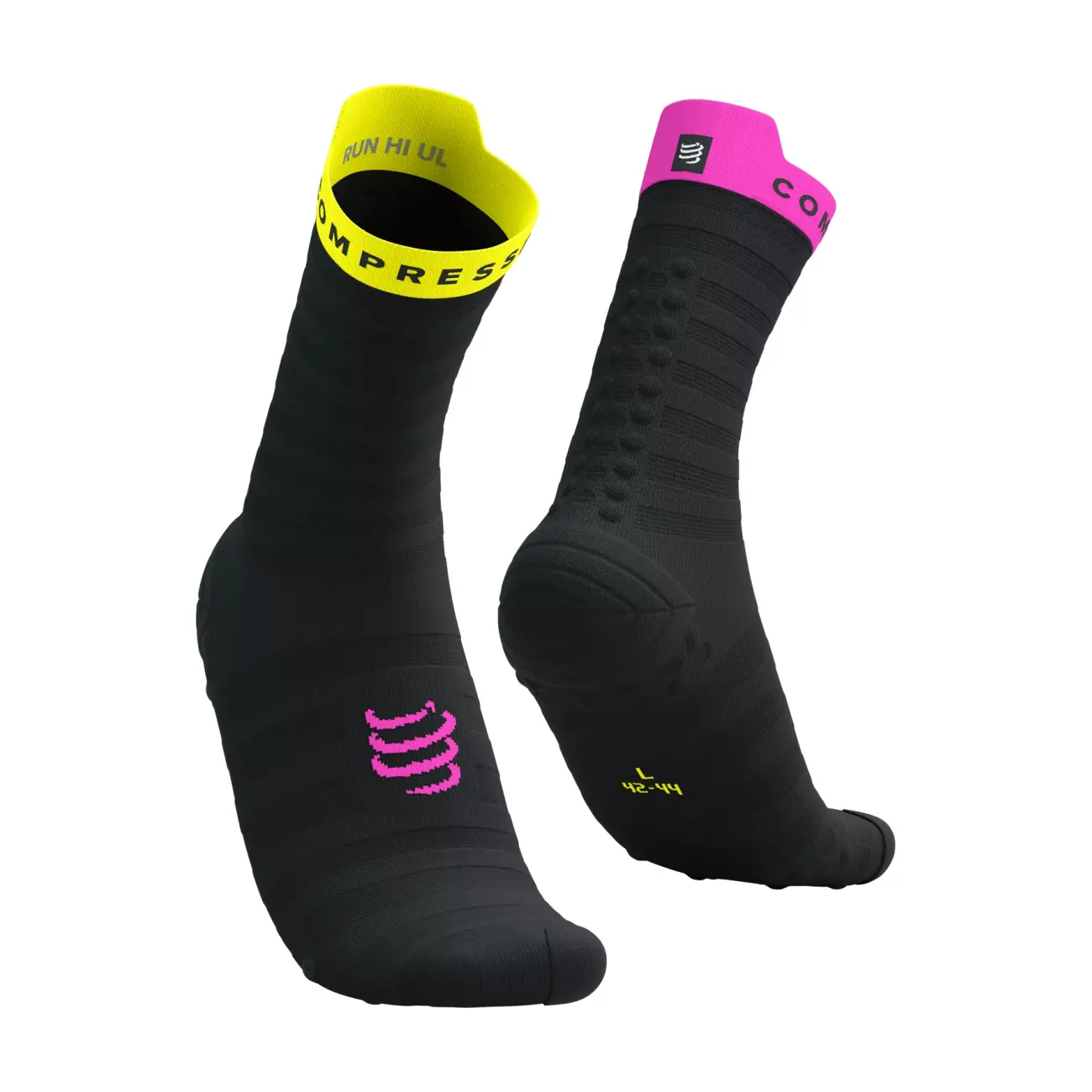 COMPRESSPORT Cyklistické ponožky klasické - PRO RACING V4.0 ULTRALIGHT RUN - černá/žlutá/růžová 39-41